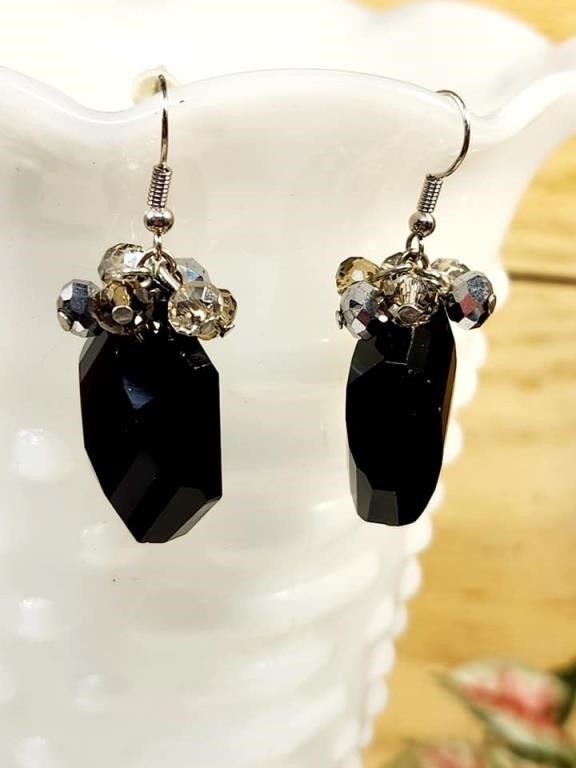 Estate Jewelry Pair of Cut Black Onyx Earrings