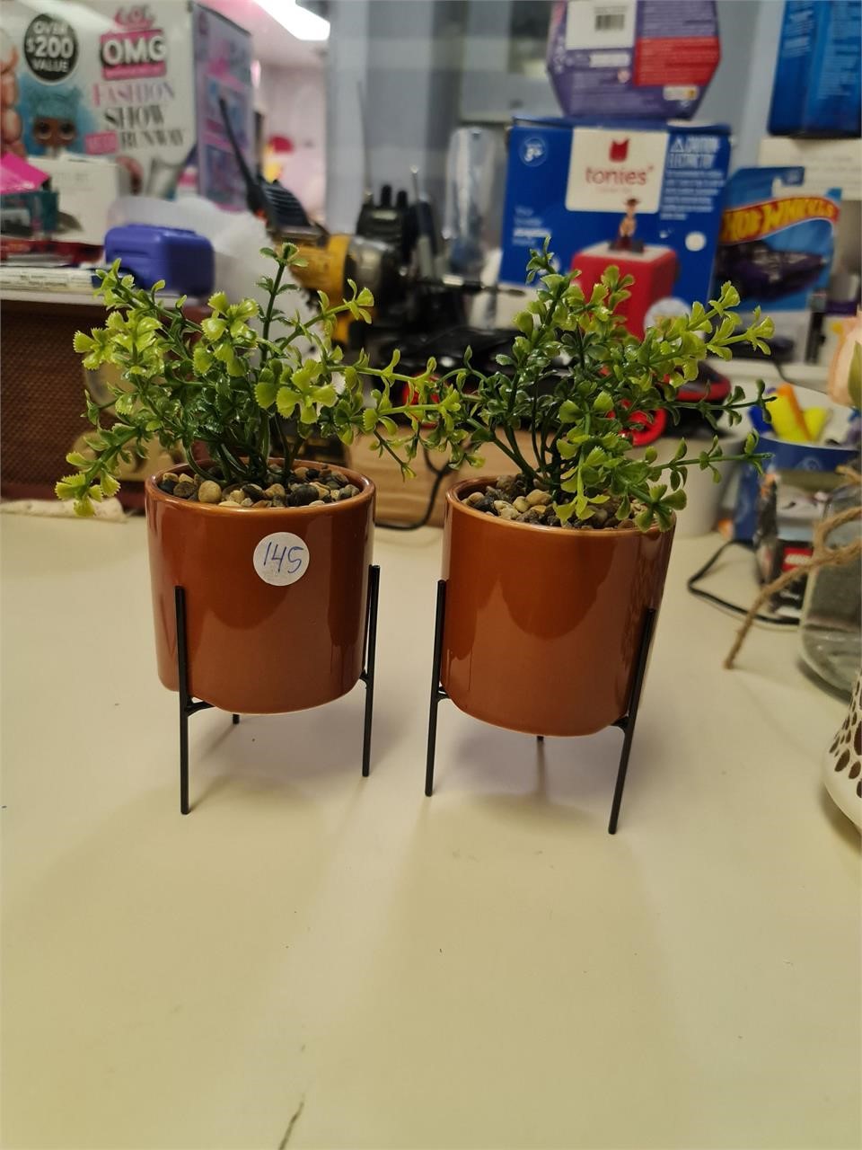 2 brown plants on stands