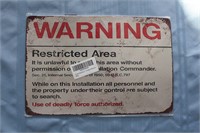 Retro Tin Sign "Warning Restricted Area"