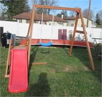 Wood outdoor play set , 92"W x 74"T.