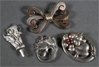 FOUR STERLING SILVER BROOCHES, DECO