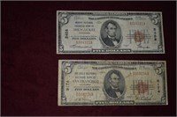 (2pcs.) 1929 National Currency: $5.00 Milwaukee Co