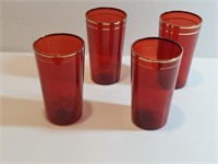 4pc Antique Gold Ruby Red Drinking Glasses Gilded