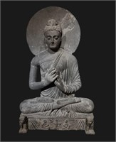 Rare Grey Schist Figure of Seated Buddha, Gandhara