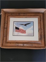 FRAMED FLYING EAGLE, FLAG PICTURE, SIGNED