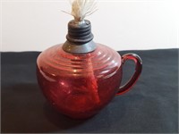 Red Glass Magenta Hand Blown Oil Lamp W Handle.