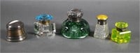 (5) ANTIQUE INKWELLS, STERLING & GLASS