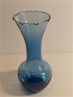 Smoky Blue Swirled Blown Glass Vase Flared Rim