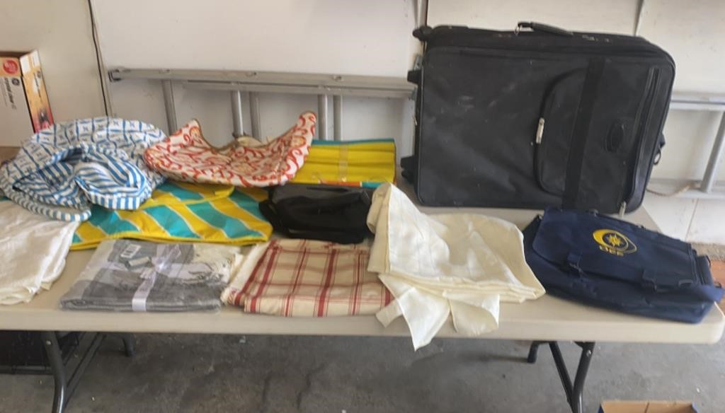 Luggage Lot with Bags and Table Cloth and Material