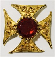 Vintage Brooch Maltese Cross Gold Tone Large Red