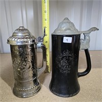Unique Vintage Black Glass and Metal Steins