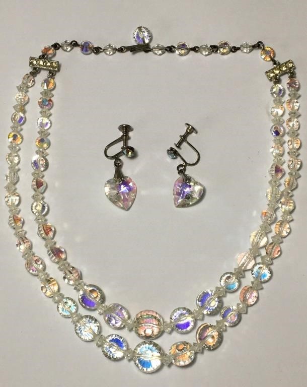 Vintage Set Necklace Earrings Iridescent Beads