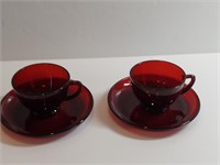 4pc Antique Gold Ruby Teacups & Saucers Royal