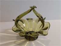 Olive Green Glass Basket Vintage Pressed Glass.