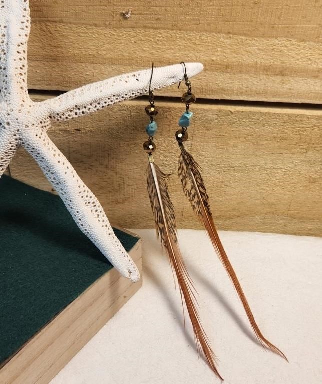 Vintage Natural Feather & Turquoise Earrings