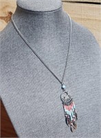Beaded Silvertone Pendant Necklace