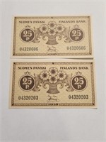 Finland 25 Pennia x2 pcs AUNC P33.est $50.Fn3