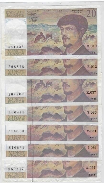 FRANCE 20 Francs 1982-97 X7 notes F-XF,est.$35.FR4