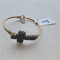 Ornate Cross Brass Ton Bangle Bracelet