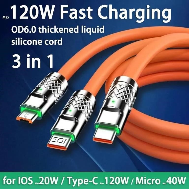 120w fast charging 3 way phone charger cable