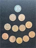 Germany lot of 12 Rare 2 Pfennig Several Dates.MG2