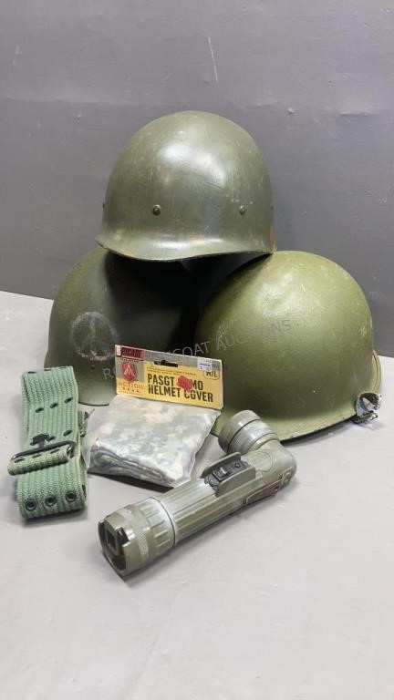 Military hard Hats, flashlight & belt