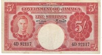 JAMAICA 1950 ,5 Shillings K.George VVI,VF.JA1a