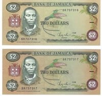 JAMAICA(2 consecutive)BANKNOTE $2 Fancy SN.JA1c