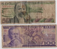 Mexico 100&500 Pesos 1982,81.Fine&VG.Mx1Y3