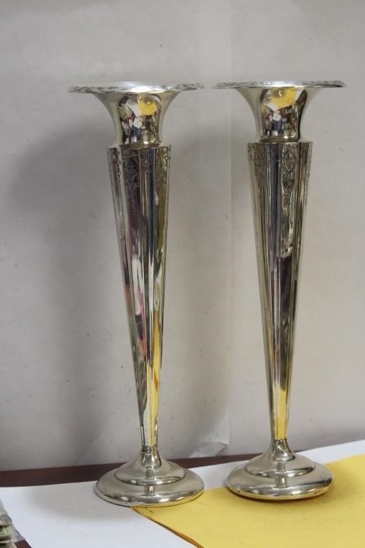 A Pair of Weighted Sterling Trumpet Form Vases