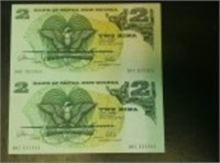 Papua New Guinea Uncut Sheet of 2 bills 2 kina UNC