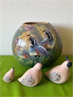 Sighed Painted Gourd + Pottery Quail Figurines