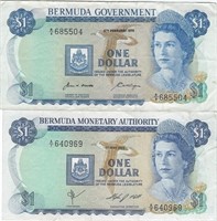 Set of 2 Bermuda 1 Dollar 1970 1 May 1984 VF B55