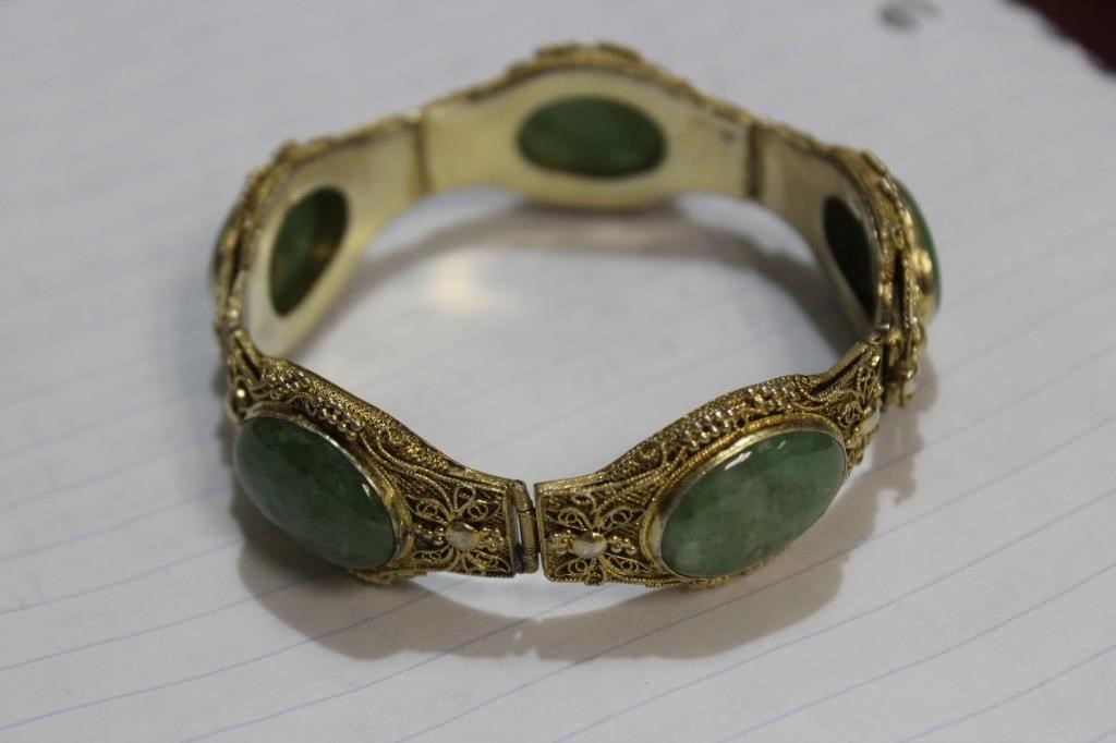 A Chinese Filigree Sterling and Jade Bracelet