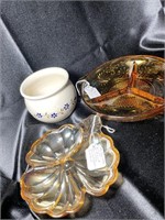 Amber Luster Carnival Glass Divided Dishes & Crock