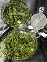 VTG Fed. Glass Compote & Pair Green IN Glass Dish
