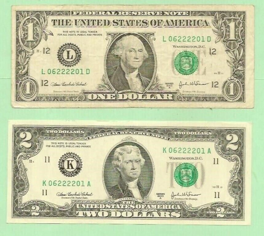 US $1&$2 Identical Matching 06222201,Fancy SN.M7Bb