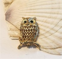 Emerald Eyes Vintage Owl Estate Brooch Pin