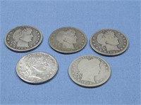 Five Barber Quarter Dollars 90% Silver