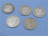 Five Barber Quarter Dollar Coins 90% Silver