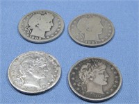Four Barber Quarter Dollar Coins 90% Silver