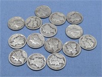 Fifteen Mercury Dimes 90% Silver