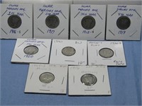 Nine Assorted Dates Mercury Dimes 90% Silver