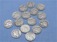 Fifteen Mercury Dimes 90% Silver