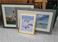 3 Framed Prints: Lighthouse, Beach, Sailboat