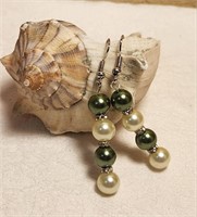 Vintage Green Pearl n Rhinestone Dangle Earrings