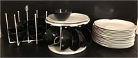 16 MID CENTURY WHITE SNACK PLATES BLACK CUPS