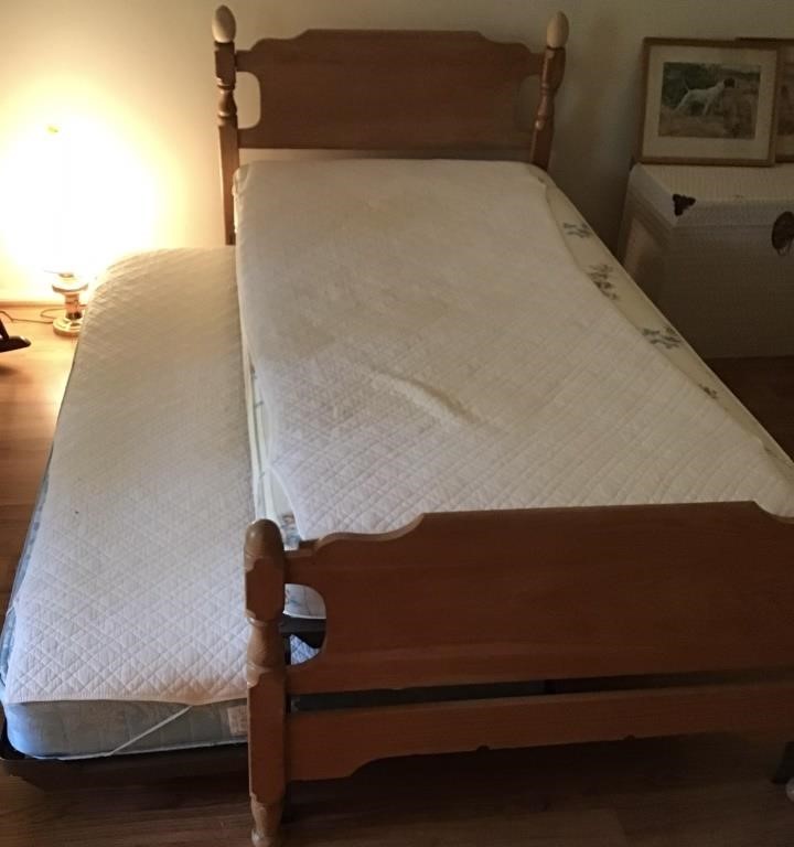 VINTAGE WOOD TWIN BED WITH TRUNDLE