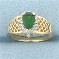 Green Garnet and Diamond Halo Ring in 14k Yellow G