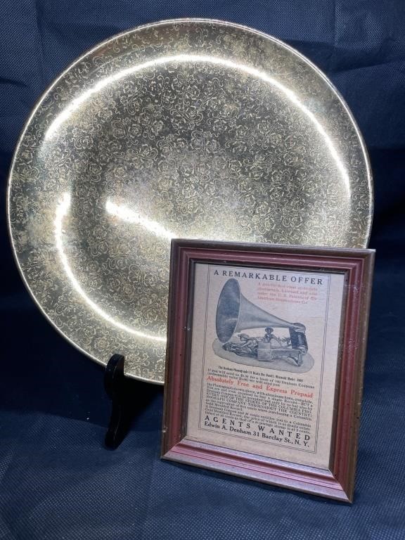 Framed 1905 Advertisement and Gold Serving Platter